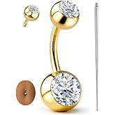 GEMQUEEN Moissanite & G23 TItanium Belly Button Ring 18K Gold Plated Hypoallergenic Internally Threaded Belly Rings 14G Navel Piercing Jewelry For Women Men D Color VVS1 Clarity Brilliant Cut