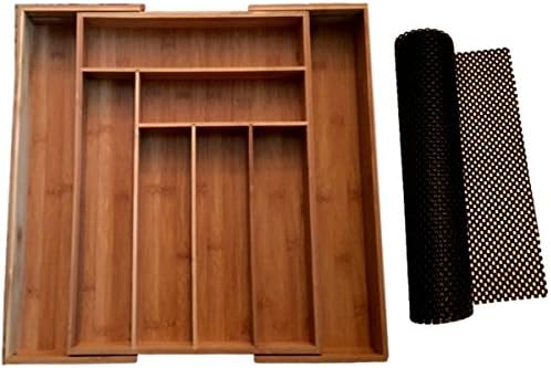 Cafe Cucina Expandable Bamboo Cutlery Tray Silverware Organizer, Kitchen Utensil and Office Utility Drawer Storage, with Non-Slip Shelf Mat / Liner