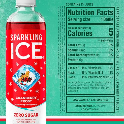SPARKLING ICE, CRANBERRY FROST SPARKLING WATER, ZERO SUGAR FLAVORED WATER, WITH VITAMINS AND ANTIOXIDANTS, LOW CALORIE BEVERAGE, 17 FL OZ (PACK OF 12)