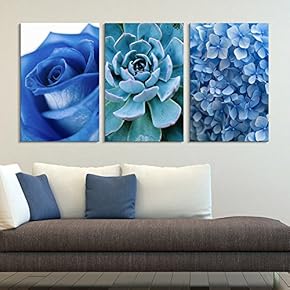 3 Panel Canvas Wall Art - Blue Rose Succulent Plant and Small Blue Flowers - Giclee Print Gallery Wrap Modern Home Art Ready to Hang - 16"x24" x 3 Panels