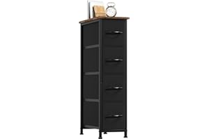 Somdot Narrow Dresser with 4 Drawers, Slim Storage Chest of Drawers with Removable Fabric Drawers for Closet Small Spaces Bathroom Bedroom Laundry, Black Rustic Brown Top