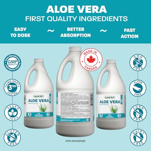 Pure Aloe Vera Juice - Unflavoured - Cold-Processed - Organic Fresh Leaves - Supports Digestive Health - Vegan - Ideal for Guts - Constipation Relief - Made in Canada - 1.5L