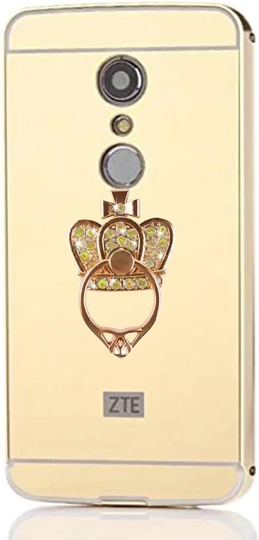 ZTE Axon 7 Mirror Case, QKKE [Finger Buckle Series] Metal Air Aluminum Bumper Detachable + Mirror Hard Back Case 2 in 1 Cover Ultra-Thin Frame for ZTE Axon 7(Crown Buckle/Gold)