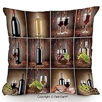 FashSam Decorative Throw Pillow Cover Wine Themed Collage on Wooden Backdrop with Grapes and Meat Rustic Country Drink Decorative for Pillow Cover for Living Room(20" Wx20 L)