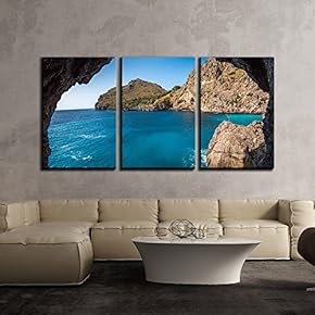 3 Piece Canvas Wall Art - Seashore in The View of Rock Cave - Modern Home Art Stretched and Framed Ready to Hang - 16"x24"x3 Panels