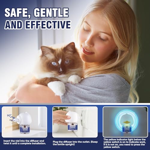 Piuess Katzen Beruhigung Steckdose FüR Cat Calming Diffuser Beruhigendes Diffusor-Set Katze Anti Stress Pheromon Beruhigungsmittel Duftstecker Geschmacklos（2 StöPsel + 2 NachfüLlpackungen à 48 Ml）