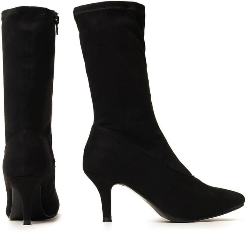 Ladies Black Sock Stretch Kitten Heel Ankle Boots