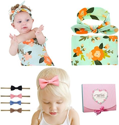 36"x36" Muslin Swaddle Blanket And Headband Baby Nursery Receiving Blanket Baby Bow And Rabbit Ear Headband