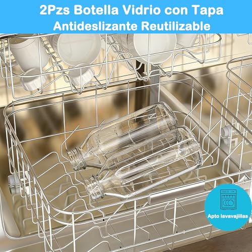 BYKNTEA 2 Piezas Botella de Vidrio para Leche con Tapa 1 Litro, 2 Tetinas y Adhesivo Antideslizante, Fácil de Limpiar, Jarra de Vidrio Grado Alimenticio para Jugo, Miel, Café