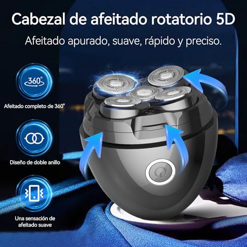 Afeitadora Cabeza Hombre, Maquina Afeitar Cabeza Magnético 5D Cabezales Flotantes Afeitadora Cabeza Uso Seco y Húmedo IPX7 Impermeable 120 Mins de Uso Usb-C Recargable
