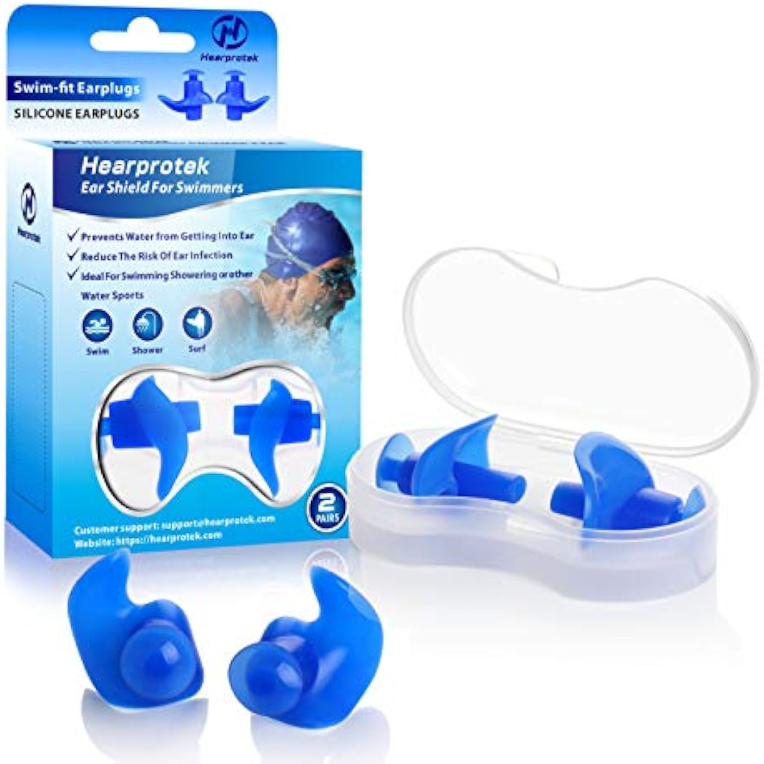 Hearprotek Swimming Ear Plugs, 2 Pairs Waterproof Reusable Silicone Ear