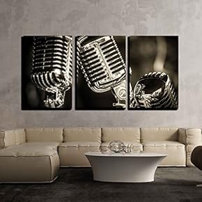 3 Piece Canvas Wall Art - Closeup of Chromed Retro Recording Studio Microphones - Modern Home Art Stretched and Framed Ready to Hang - 16"x24"x3 Panels