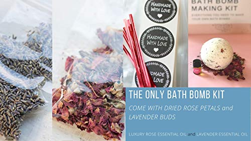 bMAKER DIY Bath Bomb Making Kit - Lavender, Rose Essential Oil and Dried Flowers - Soap Molds, Cello Bag, Handmade Tag, 33 items in the kit - Easy to Make 8-12 Medium to Large Fizzy Bombs