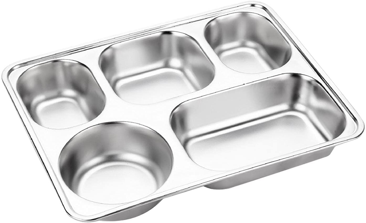 Unbreakable Divided Portion Plates - Stainless Steel Lunch Box Dinner Plate Divided Tray with 5 Sections Divided Cafeteria Tray for Kids/Adults Food Controller for Camping, Events & Every Day Use