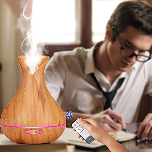 Essential Oil Diffuser- Remote Control 400mL Aroma diffuser Wood Grain Ultrasonic Cool Mist Humidifier with Waterless Auto Shut-off, 7 color LED Lights for Bedroom Living Room Spa Baby (Brown- RC) - Thumbnail 4