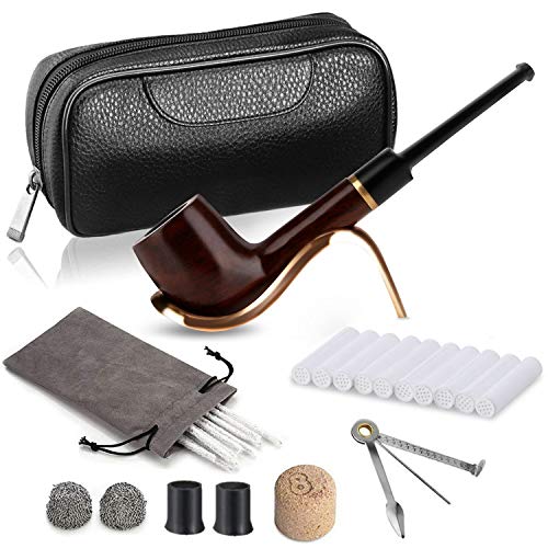 Joyoldelf - Juego de pipas de madera para billar con funda de cuero, soporte de exhibición de tubos de acero inoxidable, raspador 3 en 1 y otros accesorios para fumar