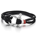 Mens Womens Steel Screw Anchor Shackles Nautical Sailor Black Rope Cord Wrap Bracelet Wristband