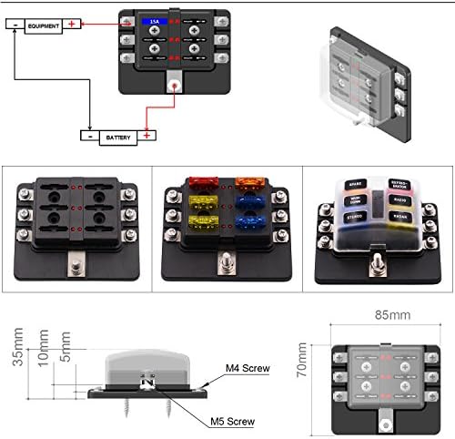 Fuse Block 6 Way Blade Fuse Box Holder with LED Warning Light Kit for Automotive Car Marine Boat,5A 10A 15A 20A Free Fuses Led Indicator Waterproof Cover for Car Boat Marine Trike,Screw terminal