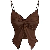 BEAUDRM Women's Going Out Tops Y2K Twist Front Cami Crop Tops Spaghetti Strap Ruffle Asymmetrical Ruched Camisole
