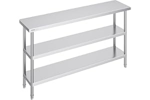 VEVOR Stainless Steel Food Prep Table, 14 x 60 x 34 Inch Commercial Kitchen Worktable, with 2 Adjustable Undershelf, Heavy Du
