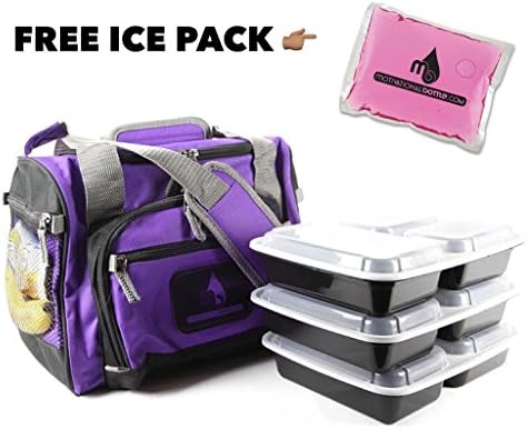 Motivational Bottle Fully Insulated And Waterproof Meal Prep Bag | Optional BPA FREE Removable Meal Prep Containers | FREE Reusable Ice Packs | 3 Meals (purple)