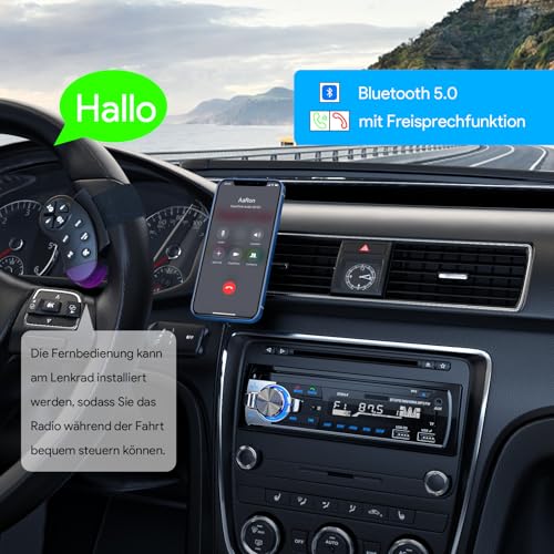 RDS Car Radio Bluetooth 5.0, CENXINY Car Radio Bluetooth Hands-Free Kit, 4 x 65 W 1 DIN Car Radio with Clock/Remote Control, MP3 Player Supports 2 USB/AUX Inputs/TF/SD/FM/iOS Android (No CD)