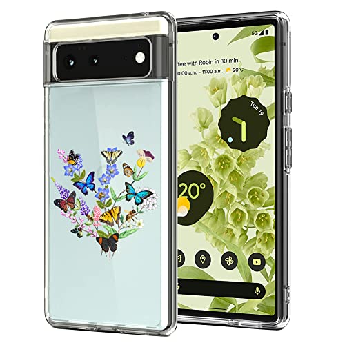 Unov Case for Pixel 6 Case Clear with Design Soft TPU Shock Absorption Slim Embossed Pattern Protective Back Cover 6.4 inch (Flower Butterfly)