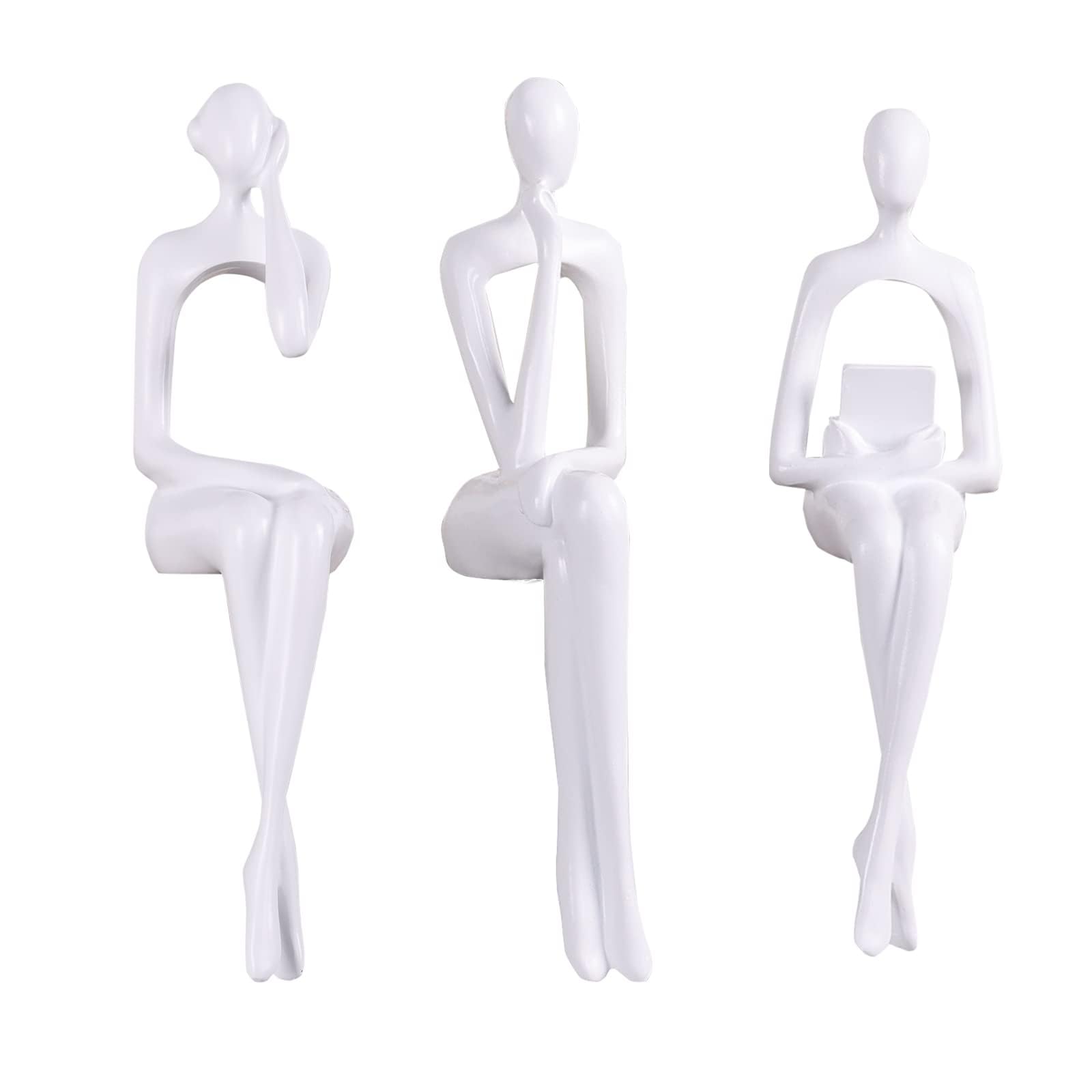XYQXYQ Resin Thinker Statues White Decor, 3pcs Abstract Sitting Sculptures, Bookshelf Desk Figurines, Home Office Living Room Shelf Accents, Gold Centerpiece Table Decorations