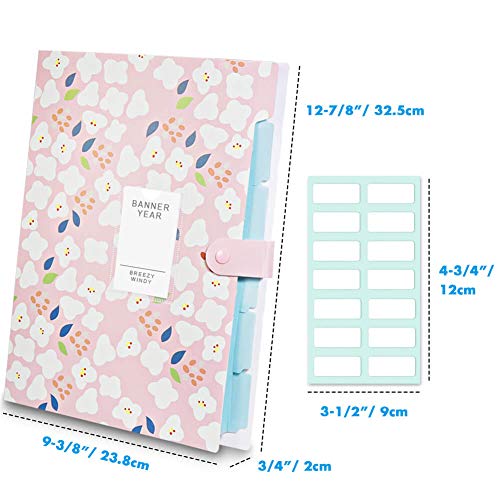 Selizo 6 Pcs Expanding File Folder with 5 Pockets Document Organizer Plastic A4 Size and 168 Pcs File Folder Labels for School Teacher and Office