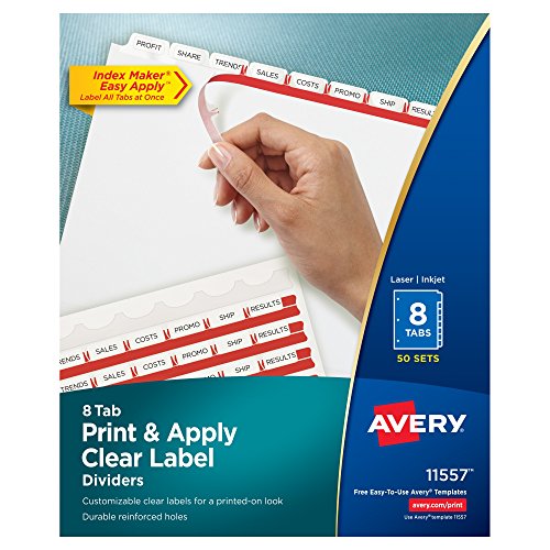 Avery Print & Apply Clear Label Dividers, Index Maker Easy Apply Printable Label Strip, 8 White Tabs, 50 Sets, Case Pack of 2 (11557)