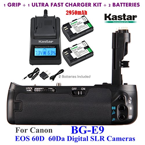Kastar Pro Multi-Power Vertical Battery Grip (Replacement for BG-E9) + 2x LP-E6 Replacement Batteries + Ultra Fast Charger Kit for Canon EOS 60D 60Da Digital SLR Cameras