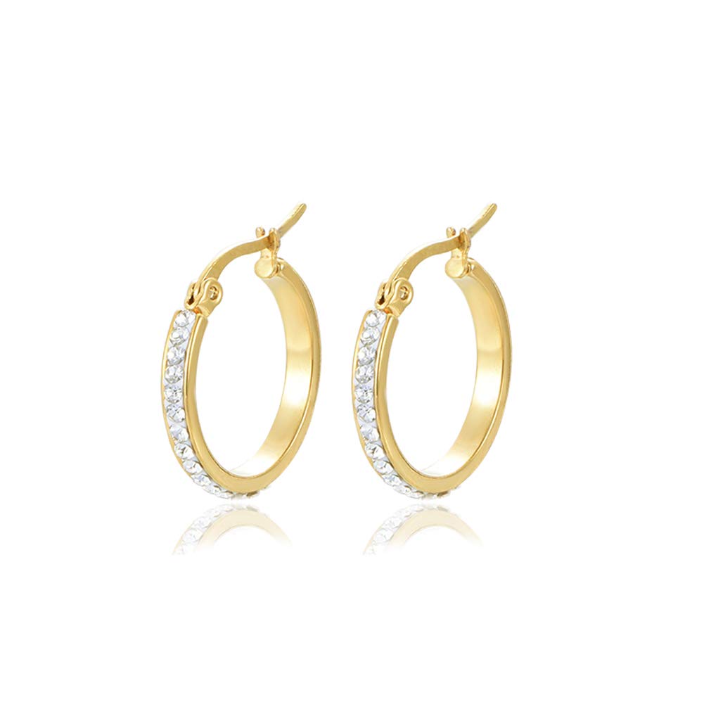 Yumay 9CT Yellow Gold Plated Round Hoop Earrings With White Crystal for Women and Girls(20MM)