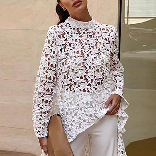 HAALIFE◕‿Women's Lantern Long Sleeve Round Neck High Low Asymmetrical Irregular Hem Casual Tops Blouse Shirt Dress White