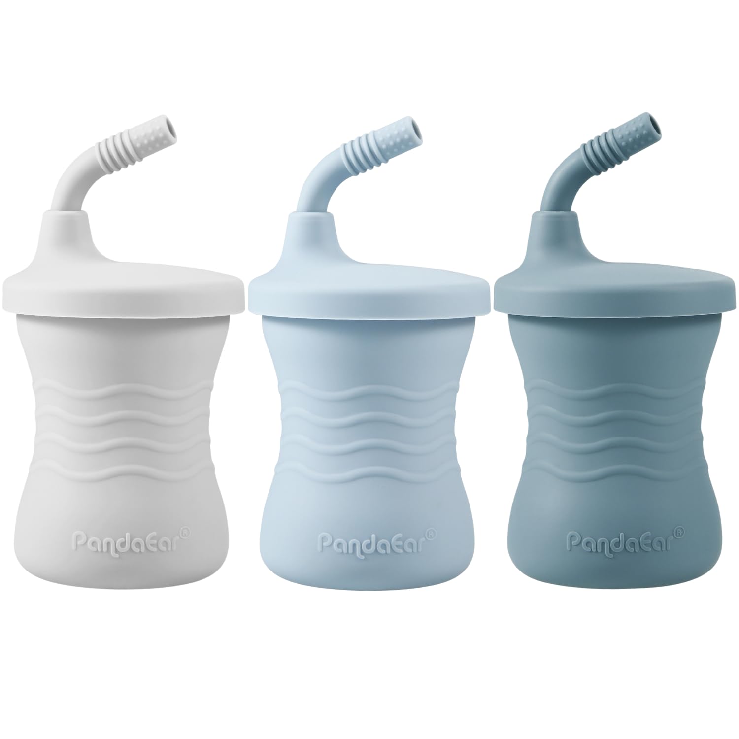 Photo 1 of ** NO STRAWS** PandaEar Silicone Training Cup, 3 Pack Baby Drinking Sippy Cups with Straw for Baby and Toddler 6 Months+ (Dark Blue/Light Blue/Gray)