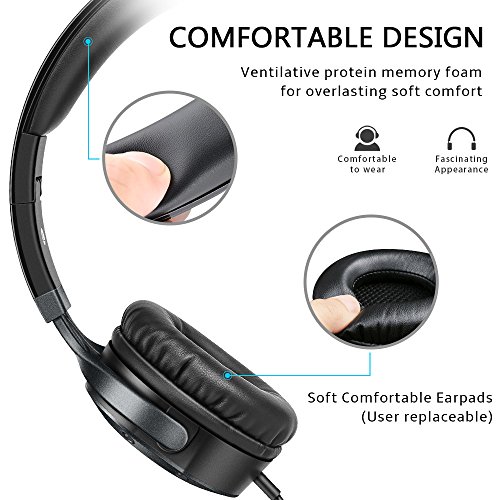 Headphones with Microphone Over Ear Stereo Bass Foldable Lightweight Wired Headphones, Computer Cellphone TV Laptop Tablet Small Headset for Women Men Kids Boys Girls, Sound Intone, Black