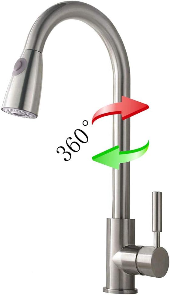 Ymkb Commercial Single Handle High Arc Brushed Nickel Pull out Kitchen Faucet, Single Level Stainless Steel Kitchen Sink…