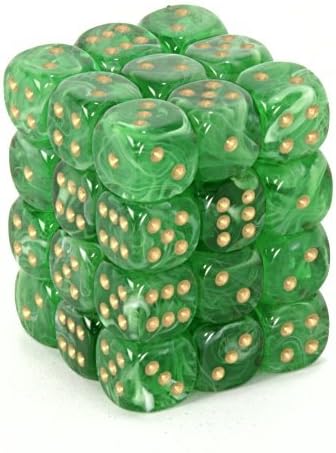 Chessex Dice d6 Sets: Vortex Green with Gold - 12mm Six Sided Die (36) Block of Dice