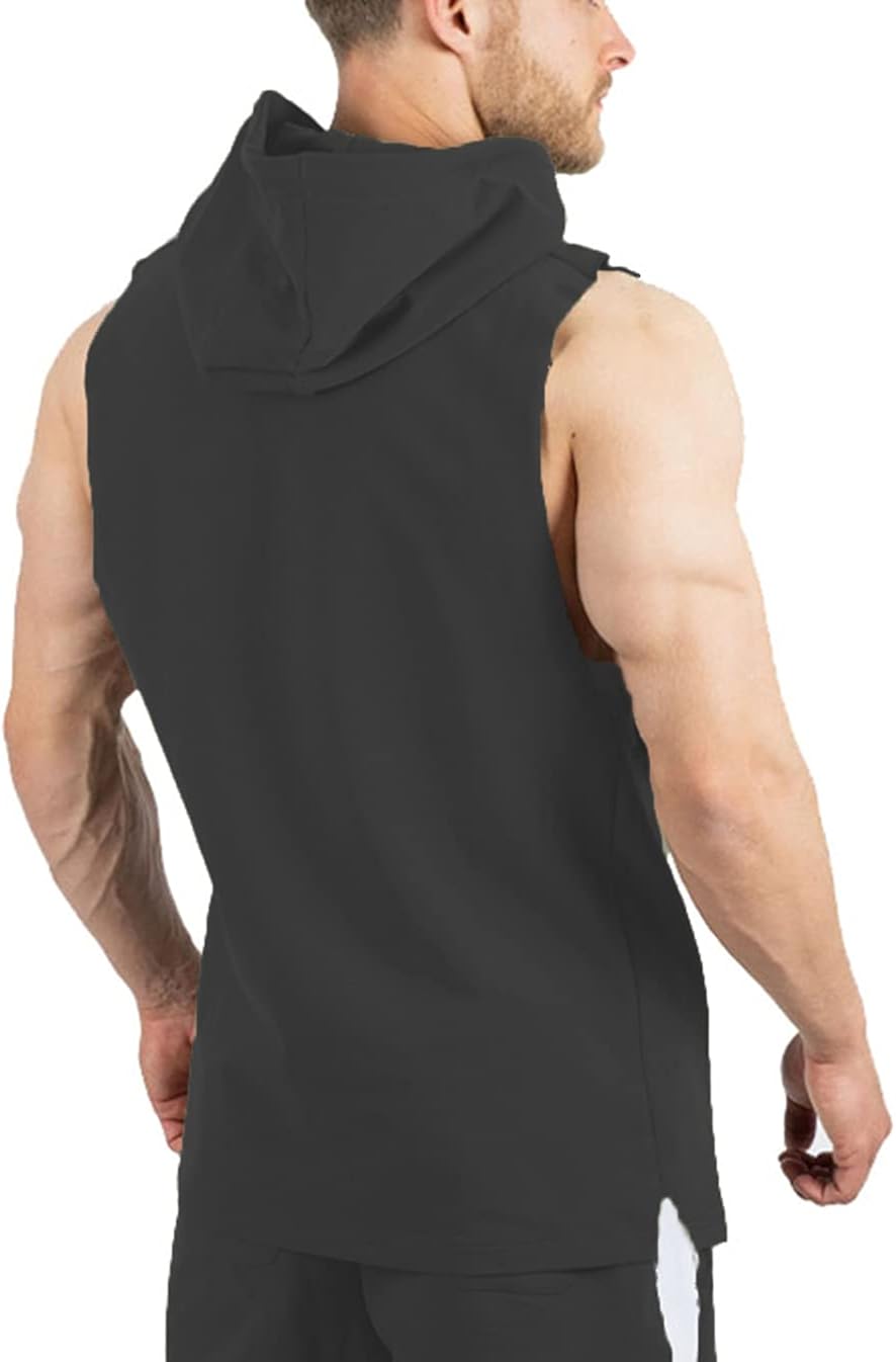 URRU Men's Workout Hoodie Tank Top Bodybuilding Gym T-Shirt Sleeveless Hooded Muscle Shirt with Pockets: Clothing