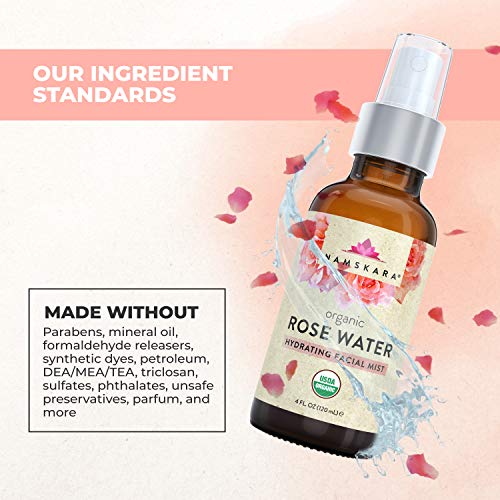 USDA Organic Rose Water Facial Toner Astringent - Anti Aging Hydrating Primer & Makeup Face Setting Spray Mist From Fresh Moroccan Rose Petal Water - 100% Natural Cleanser For Glowing Skin
