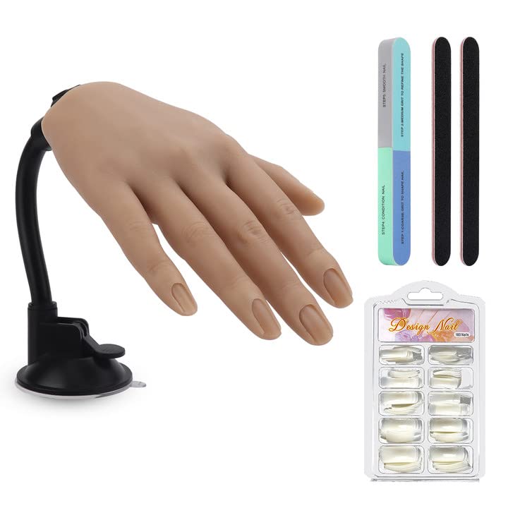 Yokilly Practice Hand for Acrylic Nails,100PCS Practice Nail Tips Flexible Nail Practice Hand with Stand,Silicone Nail Hand Practice Model for Nail Training,Fake Hands With 3PCS Professional Nail File