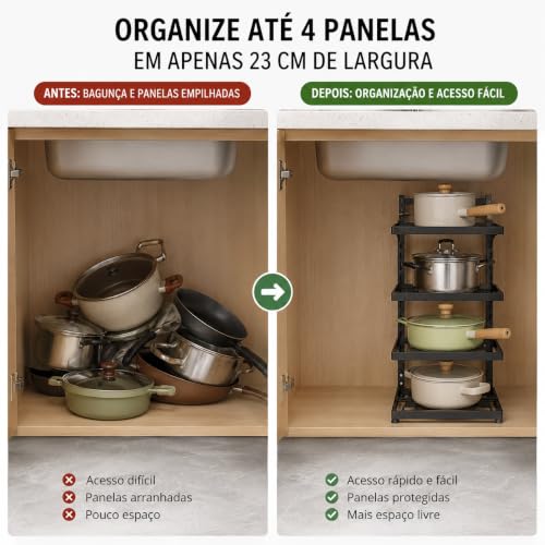 Organizador de Panelas Vertical Ajustável em Ferro – Porta Panelas para Armário de Cozinha | Suporte Modular com Ajuste de Altura para Panelas, Frigideiras e Tampas (4 camadas)