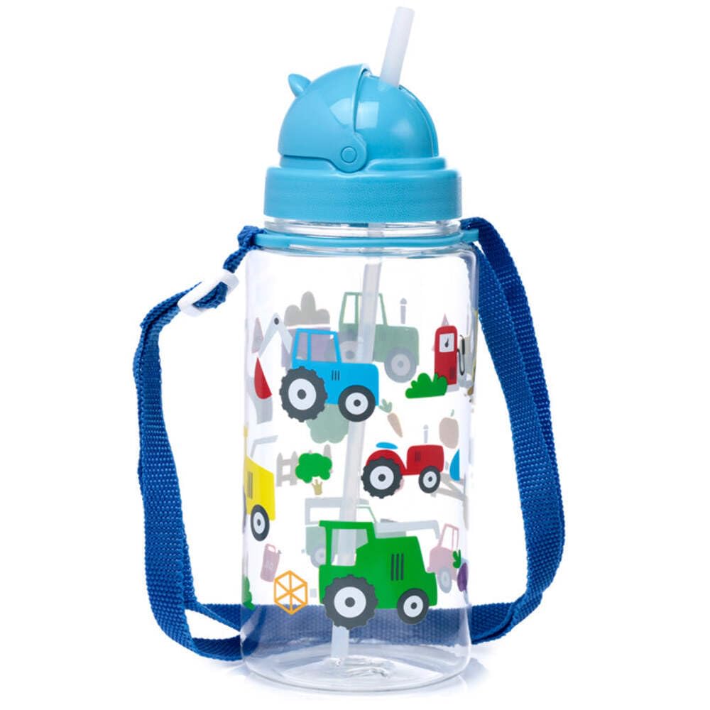 Puckator SPBOT02 450ml Children's Reusable Shatterproof Water Bottle with Flip Straw - Little Tractors