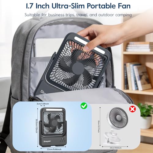Shayson Portable Fan 20000mAh Camping USB Fan with LED Light, 4 Speeds, 12-43 Hours of Operation, Smart Display, Low Noise, for Office/Home/Travel/Camping (Black)