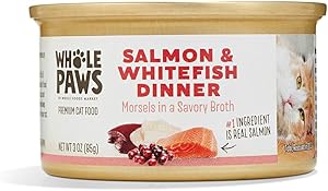Whole Paws, Wet Cat Food, Salmon & Whitefish Dinner in Savory Broth, 3 Ounce