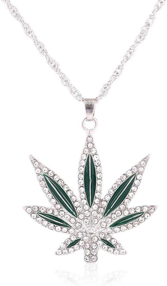 Mens Hip Hop Leaf Necklace Rhinestone Big Leaves Cuban Chain Necklace,Punk Crystal Maple Leaf Pendant Necklace