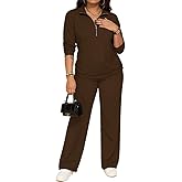 PINSV Women's 2 Piece Outfits Sweatsuit Lapel Half Zip Sweatshirts Wide Leg Pants Set Tracksuit