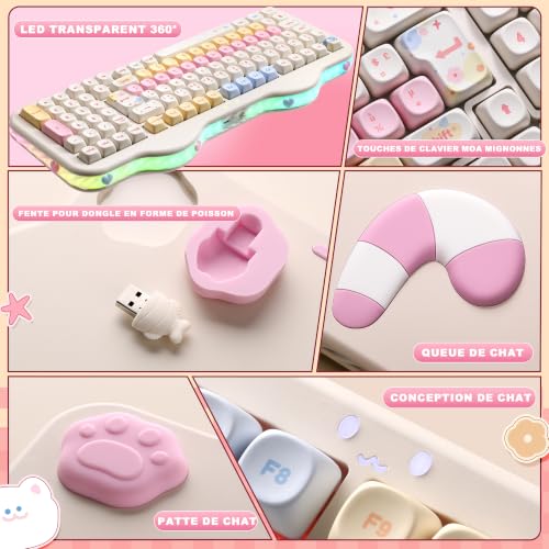 YUNZII C98 FR French AZERTY 100 Keys PBT Mechanical Wireless Gaming Keyboard with Numeric Keypad, Bluetooth/2.4GHz/USB‑C Wired, RGB, Gasket, Cake Theme for Windows/Mac (Beige, Milk V2 Switch)