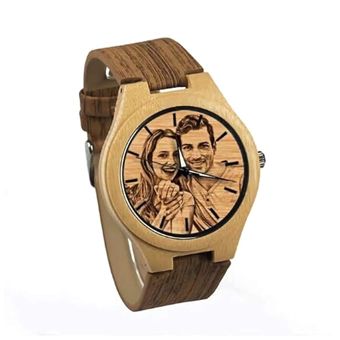 Herren Hölzerne Uhr Personalisierte Foto und Double-Side Graviert Analoges Quarzwerk mit Lederarmband