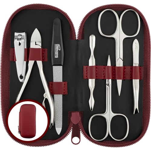 marQus Solingen Maniküre Set Herren und Damen 7 Teile mit Nagelzange - Made in Germany für Hand- und Fußpflege - Echt Leder Etui handlich und weich