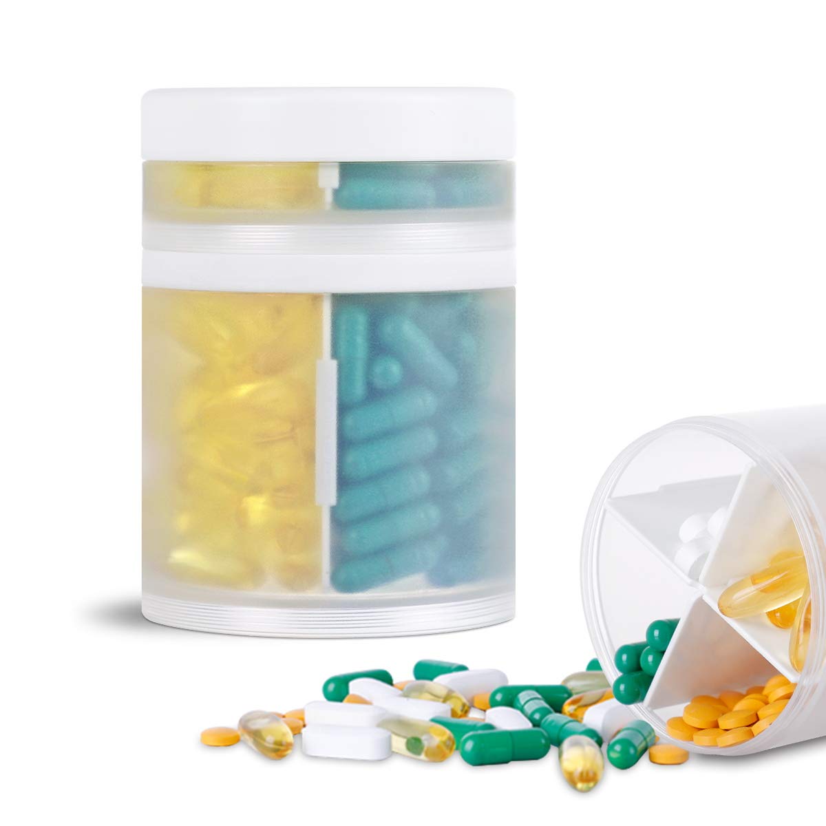 KIGI Weekly Monthly Pill Box Tablet Organizer Medicine Storage Box, with 1 Portable Supplement Organiser Pill Holder, Large Capacity, Rotate to Open (Transparent)